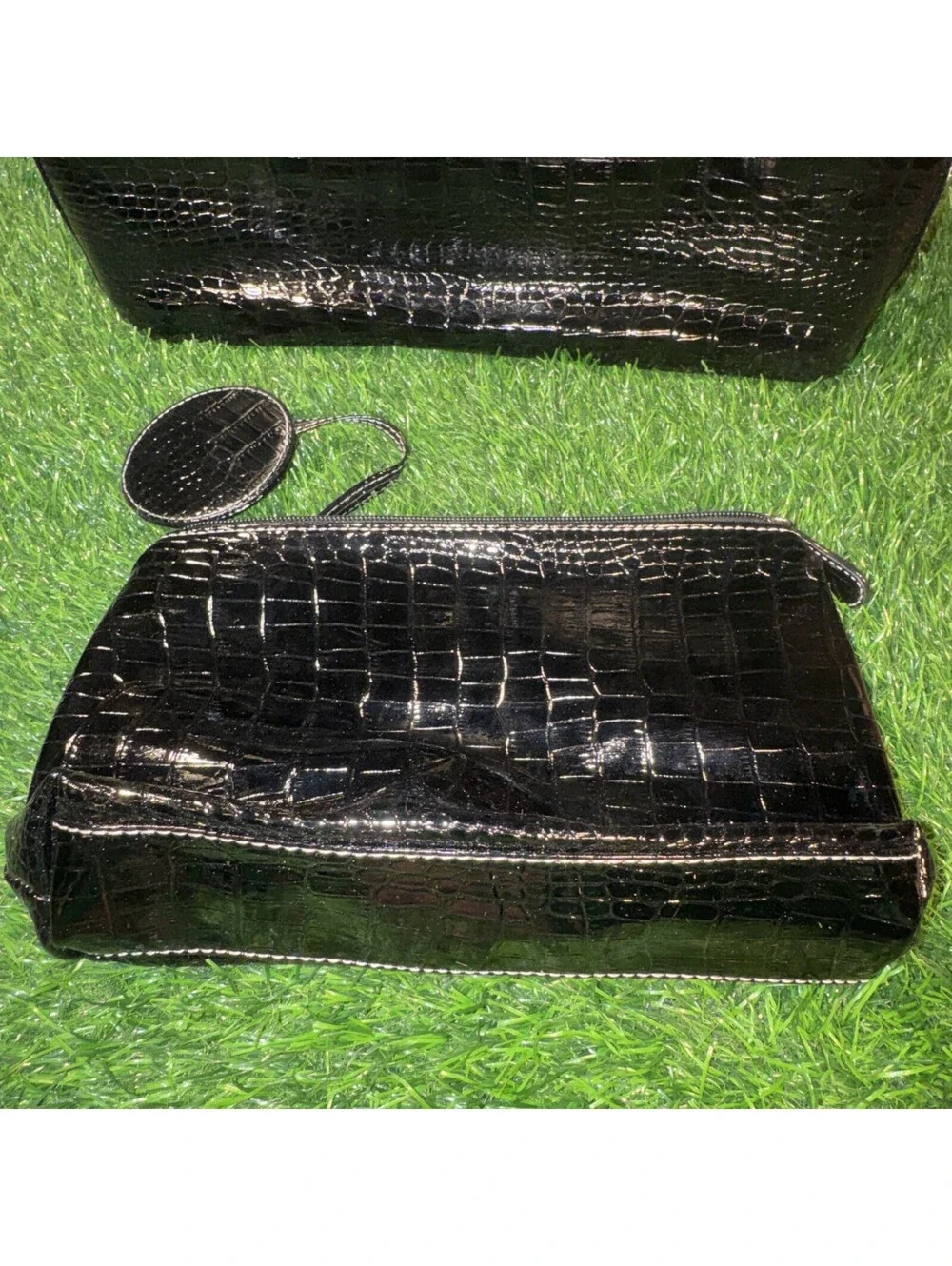 Luxi Moda Case 3 Piece Purse Make Up And Brush Bags With Mirror Faux Alligator